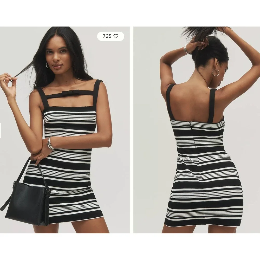 Hutch Black White Striped Bow Detail Mini Dress‎ Square Neck Size L NWT $198